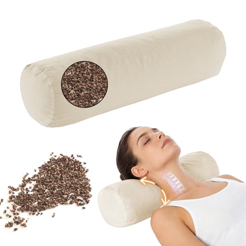 Image of LOFE Adjustable Buckwheat Neck Pillow - Cervical Roll to Relieve Tension | Buckwheat Pillow to Provide Firm Support for Side /Back Sleepers, Cylinder Bolster Pillows with Organic Pillowcase 17x6in
