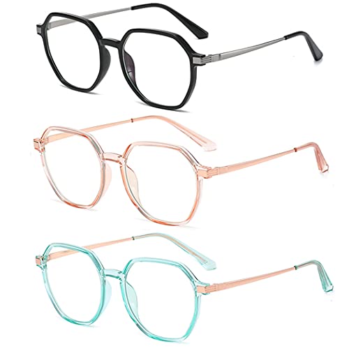 bullabulling Retro Polygon Reading Glasses For Women Blue Light Blocking Oversized Eyeglass Frames Large lens (Silver Black/pink/green, 1.50)