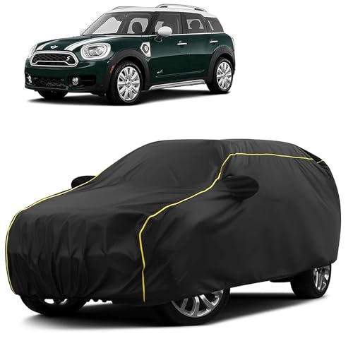 Image of Sulfar 100% Water Resistant Car Body Cover Compatible with Mirror for BMW Countryman (Triple Stitched, Full Bottom Elastic, Black Taffeta with Yellow Piping)