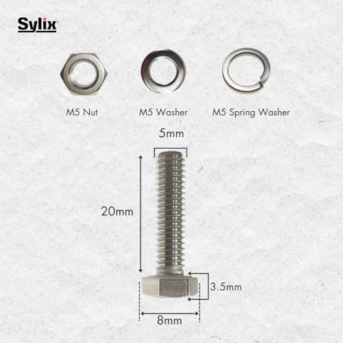 Image of SYLIX M5 x 20mm Stainless Steel Hex Head Bolt with Nut & Washer Set Rust-Proof, Precision Threaded, Heavy-Duty Fasteners for DIY, Automotive, Industrial Use (100 PCS)