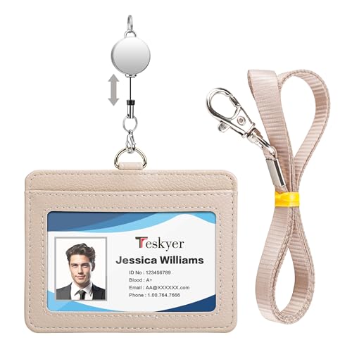 Teskyer Retractable Lanyard with ID Badge Holder - Faux Leather, Holds 2 Cards, Oyster & Bus Pass Holder, Horizontal, Nylon Lanyard (Beige)