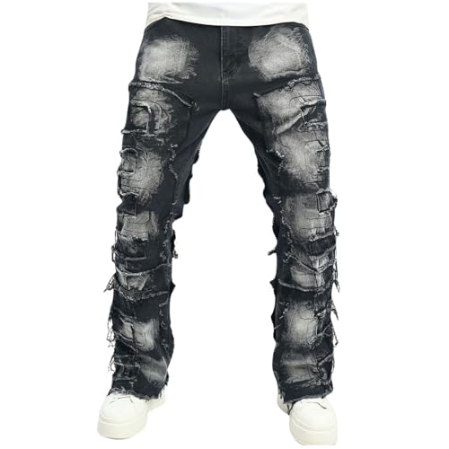 Ripped Jeans Men Stretch Fit Skinny Stacked Destroyed Jeans Trendy Y2k Slim Fit Patch Denim Pants High Street Trouser
