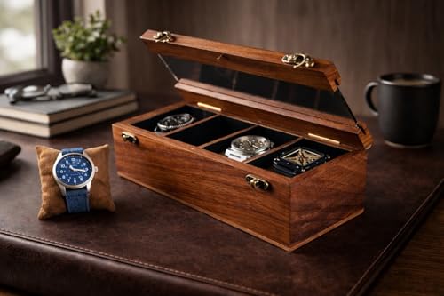 Image of Elegant Wooden Watch Box with Glass Display - 4 Slot Luxury Watch Organizer, Gift for Men