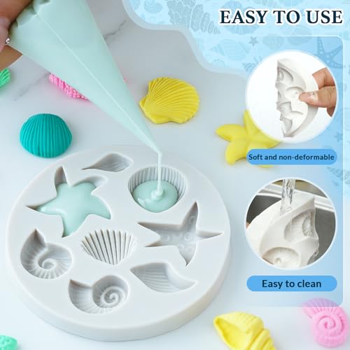 Image of HKNMTT Marine Themed Silicone Mold for Polymer Clay Fondant, Seashell Mermaid Tail Starfish Ocean Seahorse Air Dry Clay Craft Cake Decor Wax Melt Chocolate Candy Mould DIY Cupcake Toppers BPA Free