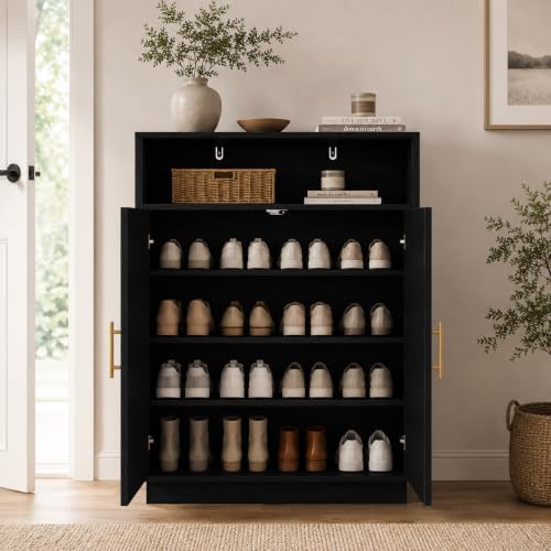 Image of Shoe Cabinet with Arched Doors, 43 inch Tall Large Hidden Shoe Storage Cabinet with Adjustable Shelves, 5-Tier Mid Century Modern Shoe Rack Organizer for Entryway Hallway Living Room,Black Set of 2