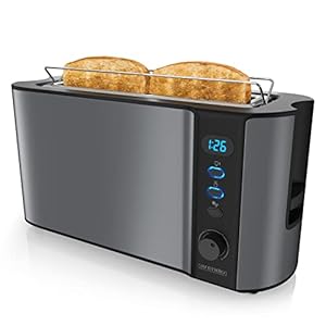 Arendo - Toaster Langschlitz - 2 Scheiben - Defrost Funktion - Wärmeisolierendes Doppelwandgehäuse - mit Brötchenaufsatz - herausziehbare Krümelschublade - Cool Grey Design