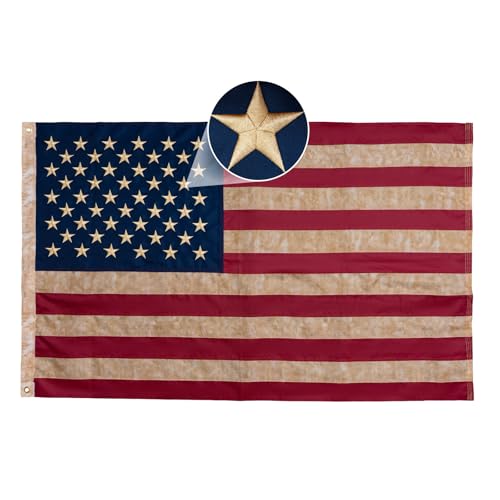 AMZFLAG Vintage American Flag 3x5 ft Tea-Stained Embroidered USA Flags 250th Anniversary Heavy Duty Antiqued US Flags for Outsided with 2 Brass Grommet 4th of July