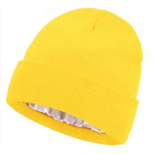 Women Satin Lined Beanie Winter Hat Knit Skull Cap Silk Lined Beanies for Men Women Cold Weather (US Alpha One Size Yellow)