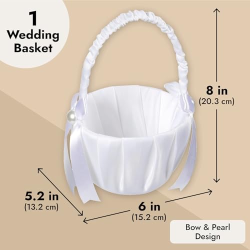 image for BLUE PANDA White Satin Flower Girl Basket - Faux Pearl Beads & Satin B