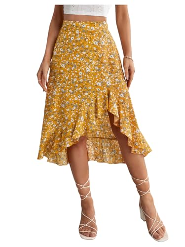SweatyRocks Women's Ditsy Floral Print Midi Skirt 2025 Summer Boho Ruffle Hem Skirt
