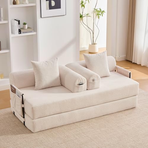 Sofá de compresión plegable para salones pequeños con bolsillos laterales beige 2