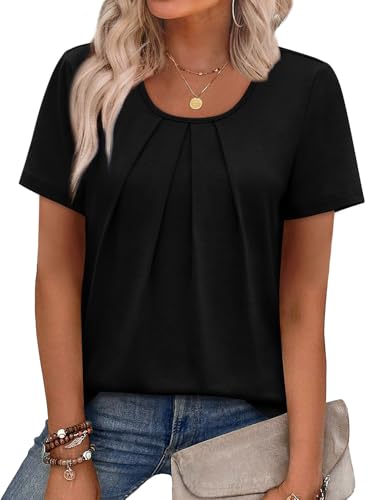 Image of WIHOLL Women T Shirts Pleated Short Sleeve Tops Business Casual Dressy Blouses