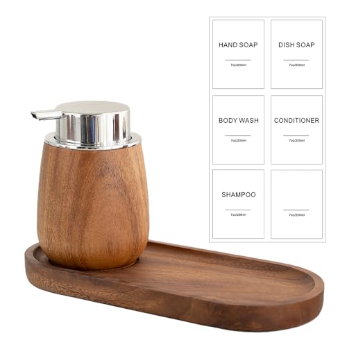 MIGAKU HOME Walnut Wood Soap Dispenser Set with Tray, 7oz/200ml