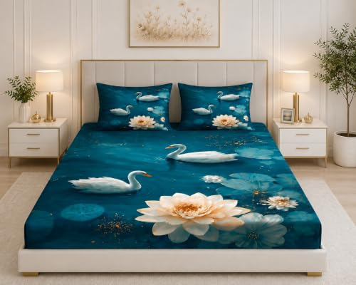 Image of 7D Digital Printed King Size Bedsheet | 240TC Premium Cotton Feel Microfiber with 2 Pillow Covers | Soft Breathable & Wrinkle Free Bedding Set | (Blue Duck, King Size-90x100 Inch)