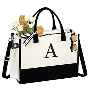Initial Canvas Beach Tote Bag with Zipper Pockets Birthday Gifts for Women, Personalized Monogrammed Strap, Reusable Grocery Bags – Wedding Bride Bridemaids Friend Letter A