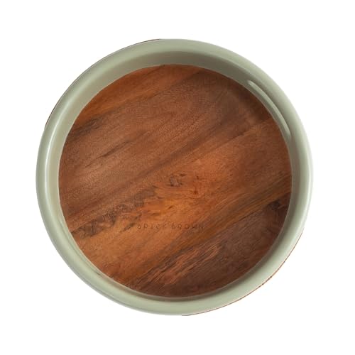 Image of Brick Brown Premium Jali 360 Rotating Wooden Serving Tray with Cane Weaving | Lazy Susan Turntable Tray for Dining Table, Kitchen, Coffee Table | Sage & Walnut Finish Decorative Organizer -12 Inch