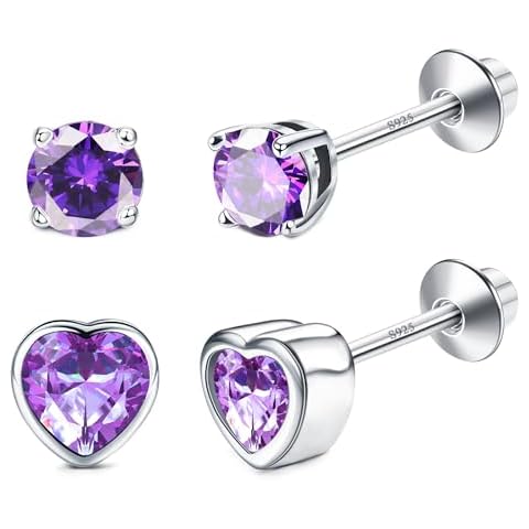 CASSIECA S925 Sterling Silver Birthstone Earrings for Girls Women Hypoallergenic Screw Back Earrings Round Heart CZ Stud Earrings Jewelry Gift Cover