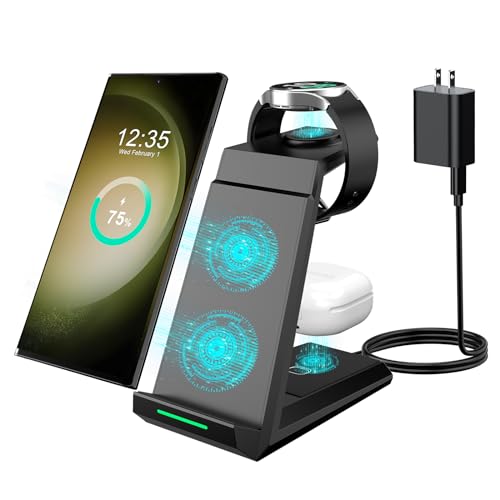 Wireless Charger for Samsung, ADADPU 3 in 1 Charging Station for Multi Devices Fast Charger Stand Dock for Galaxy S25 S24 S23 S22 S21,Galaxy Watch 7/6/5/4/3/Pro,Galaxy Buds(with 5ft Cable & Adapter)