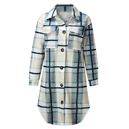 Women's Long Flannel Plaid Jacket Shacket Cozy Lapel Button Down Shirt Outerwear Casual Warm Fuzzy Trench Coat4