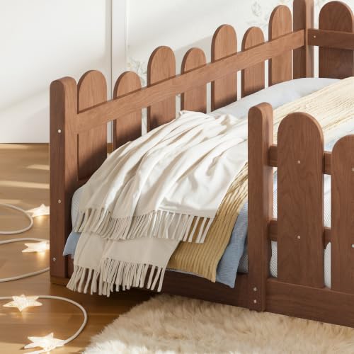 Image of Bellemave Full Size Kids Montessori Floor Bed,Floor Bed Frame with Rounded Safety Guardrail,Solid Wood Montessori Bed for Girls Boys,Brown