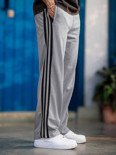 Image of Men's Track Pants with White Side Stripes | 4-Way Lycra Twill Polyester Straight Relaxed Fit Joggers | Mid-Rise Flexi Waist Lounge Bottoms