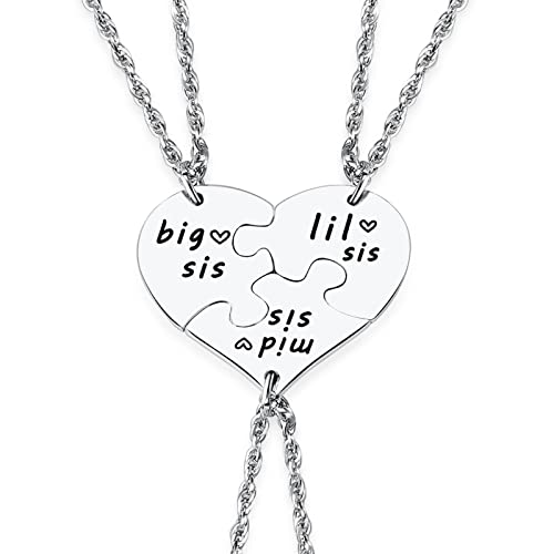 Ralukiia 3PCs Big Sis Mid Sis Lil Sis Heart Puzzle Piece Necklace Set, Sisters Gifts from Sister Birthday Jewelry