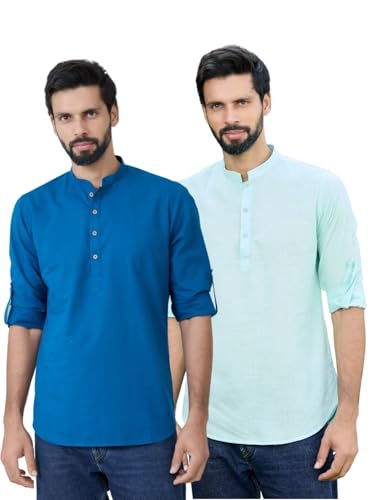 Image of See Designs Men's Roll-Up Sleeve Mandarin Collar Cotton Solid Short Kurta (Pack of 2) - Festive Collection