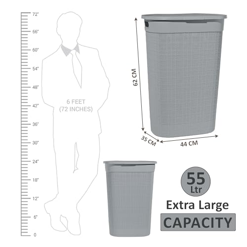 Image of KITCHIVO Plastic Large 55 Ltr Laundry Basket with Lid & Handle | Multipurpose Hamper Bins Storing Washable Clothes, Blankets | Household Ideal for Home & Bathroom (Woods Grey Laundry Basket)