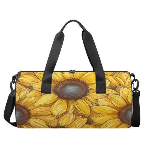 Sunflower Petals Round Barrel Sports Fitness Bag, Yellow Travel Luggage Bag, Reusable Handbag, Suitable For Men and Women2