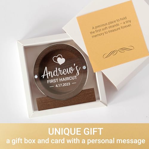 Image of Personalized Baby's First Haircut Memory Box with Name, Wooden Keepsake with Engraving, Hair and Tooth Storage Umbilical Cord Case for Baby Shower Birthday Gift (Dark Wood Round)