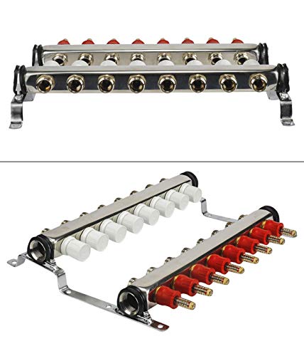 Image of Midline Valve NQT108 PEX Manifold 1 /2 in. for Radiant Heating System; with Valves, Vents, Gauges, and Mounting Brackets; Stainless Steel; 8 Port