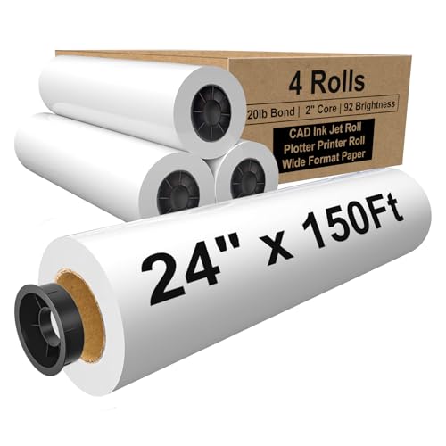 PAPRMA 24" x 150ft Wide Format Paper 2" Core, White Plotter Paper CAD Bond 4 Rolls