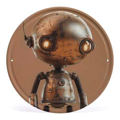 Image of 11.8 X 11.8 Inches Circular Iron Hanging Picture Little Brown Robot Printed Modern Iron Plate Hanging Painting Round Art Hanging Picture for Home Wall Decor