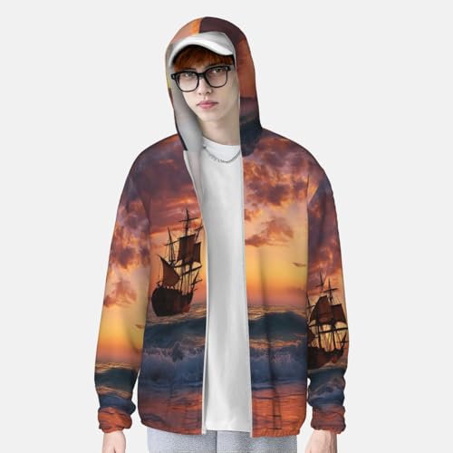UPF 50+ Sun Protection Hoodie Rash Guard Long Sleeve Sun Shirt sunset pirate ship UV Shirt Full Zip Jacket4