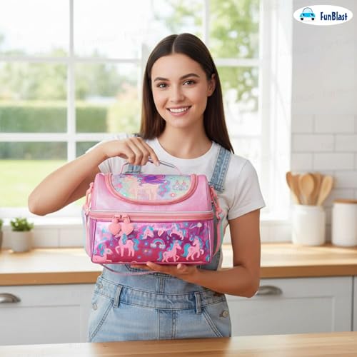 Image of FunBlast Insulated Lunch Bag for Kids - Leakproof Tiffin Bag with Shoulder Strap, Spacious, Durable and Easy to Clean, Lightweight Lunch Box Carry Bag for School, Picnic & Travel (Unicorn)