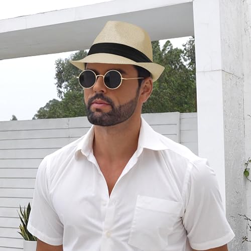 Image of Straw Trilby Fedora Hat for Men Women 1920s Panama Hat Short Brim Summer Beach Sun Hat with Band