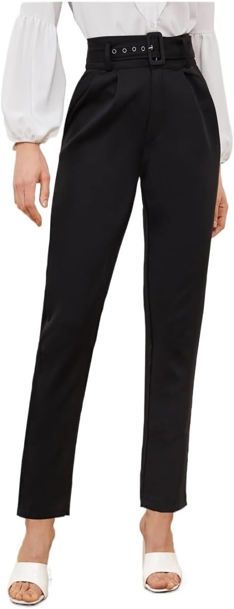 Women Casual Solid Buckle Belted Pants Work Pants