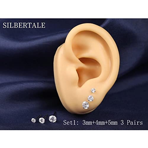 3 Pairs 925 Sterling Silver Cubic Zirconia Stud Earrings Set 3-8mm for Men Women2