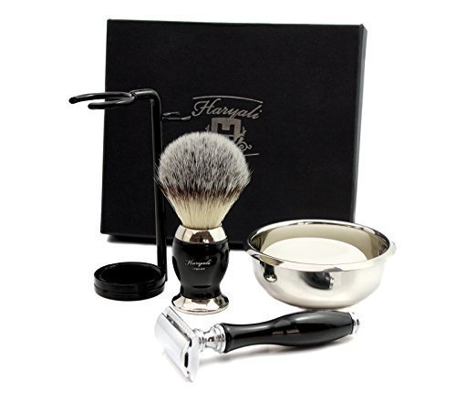 Set di rasatura completo con rasoio classico Old School con setole sintetiche + doppio supporto per entrambi e ciotola + sapone. Grande aggiunta a qualsiasi collezione – Ottimo come regalo