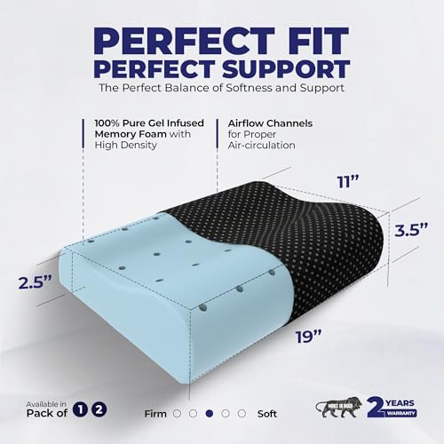 Image of WELLGIVER Cervical Gel Memory Foam Pillow for Neck Pain Relief - Ergonomic Orthopedic Pillow for Sleeping, Contoured Support for Side, Back & Stomach Sleepers | Black | Pack of 1| 19 x 11 x 3.5 Inch