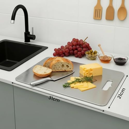 Image of Premium Double-Sided Heavy-Duty Stainless Steel Chopping Board (31 x 21 cm) - Kitchen Cutting Board for Vegetables, Fruits, Meat & Roti - Rust-Resistant, Hygienic & Easy to Clean