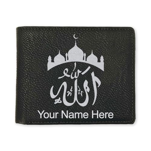 LaserGram Faux Leather Bi-Fold Wallet, Allah 2, Personalized Engraving Included (Black with Silver)