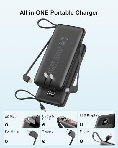Image of Portable Charger Built-in Cables and AC Wall Plug, 10000mAh 22.5W PD Fast Charging Power Bank, Lightweight Compact Battery Pack Travel Essentials for iPhone 17 /16 /15 /14 /13 Series,Samsung,Tablets