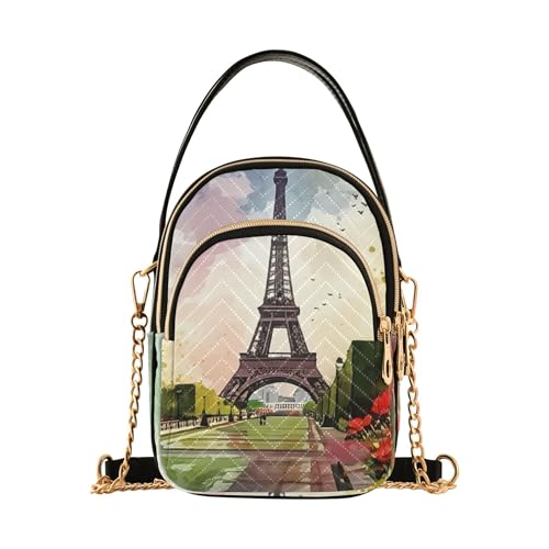 Women Single Shoulder Purse Colorful Phone Bags with Chain Strap Quilted Designer Satchel Crossbody Bag Painting Eiffel Tower Spring