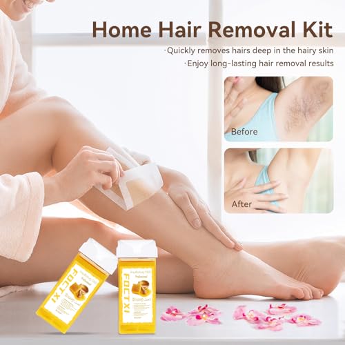 Image of Roll On Waxing Kit for Sensitive Skin - Hair Removal with 2 Honey Soft Wax Cartridges and 100 Non-Woven Wax Strips, 10 Wipes