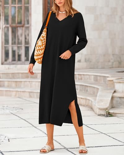 BTFBM Womens Fall Fashion 2025 Sweater Dress Casual V Neck Long Sleeve Slit Knit Oversized Sweaters Winter Maxi Dresses3