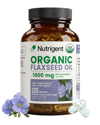 Nutrigent USDA Certified Organic Flaxseed Oil 1000 mg, Cold Pressed 100% Pure with Plant-Based Omega 3 ALA Essential Fatty Acids for Heart & Skin Health, 60 Capsules