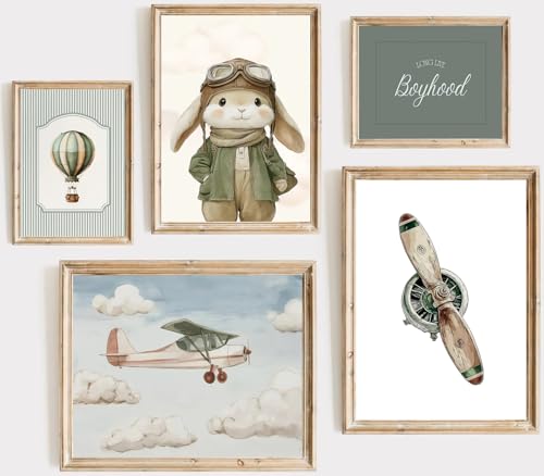ONEOLTN Vintage Pilot Bunny Nursery Canvas Wall Art Adventure Theme
