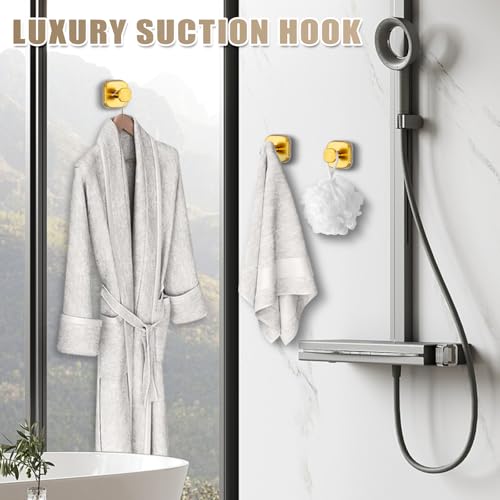Image of Suction Cup Hooks for Shower - Resuable Bathroom Hooks for Towels, Robes & Loofah - No-Drill Mounting on Kitchen,Walls,Metal,Glass,Mirrors,Tile & Smooth Non-Porous Surfaces (2, Brushed Gold)