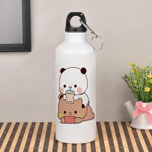 Image of Bubu Dudu Love Gift for Birthday /Anniversary Sipper Water Bottle Aluminium with Coffee Mug, Wooden Keychain Combo Pack Mini Greeting Card (Design-1)